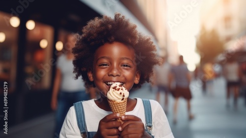 A beautiful cute young black african american baby kid child boy model guy holding and eating a gelato ice cream in a cone outside in a city on a sunny summer day. blurred background photo