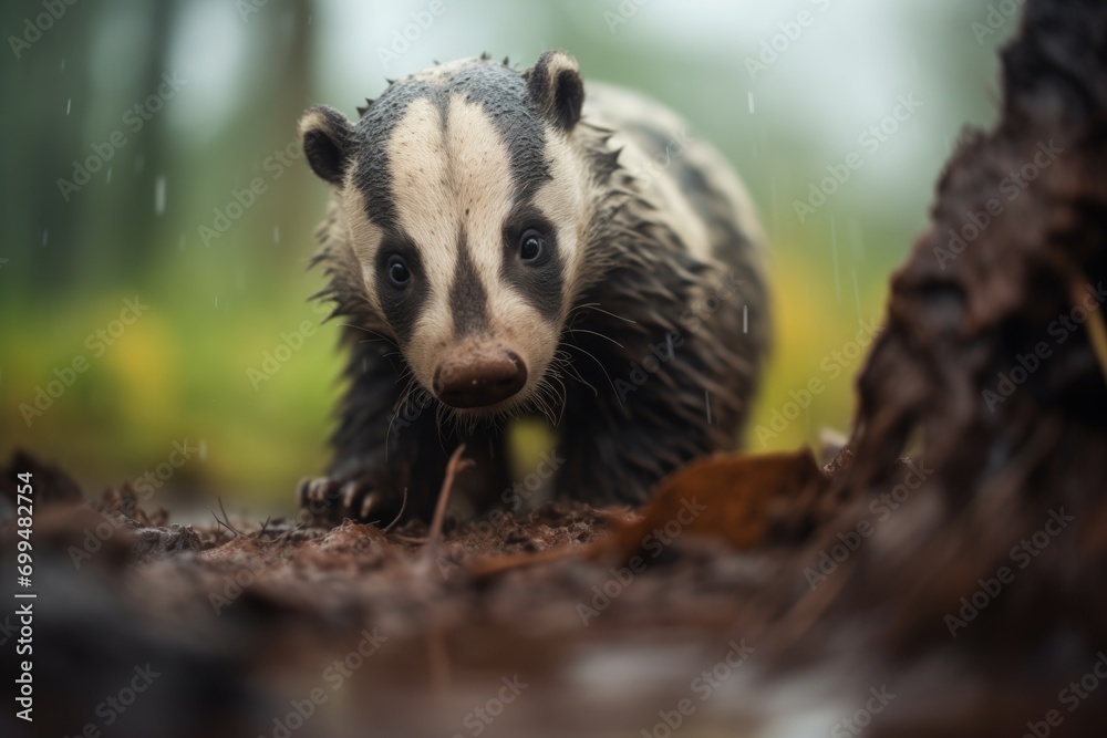Fototapeta premium raindrops falling on badger emerging from a muddy burrow
