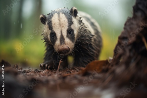 raindrops falling on badger emerging from a muddy burrow