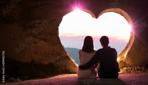 Un uomo ed una donna si abbracciano fuori da una grotta meravigliosa a forma di cuore, San Valentino photo