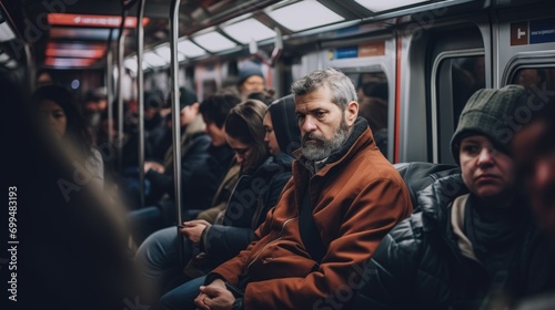 A big crowd of people in the new york subway metro in rush hour on their way home driving with trains. in the evening after work day. everybody is tired