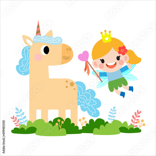 Fairy and Unicorn illustration with rainbow  stars  hearts  clouds  in cartoon style clipart