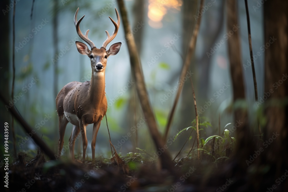 Fototapeta premium a bushbuck outlined against a forest胢s twilight