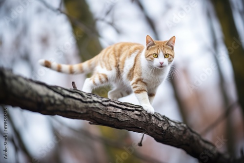 maine cat in hunting mode on a tree branch
