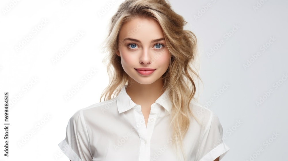 A closeup photo portrait of a beautiful young blonde european american school girl student smiling and looking straight. used for a ad. isolated on white background A closeup photo portrait of a beautiful young blonde european american school girl student smiling and looking straight. used for a ad. isolated on white background