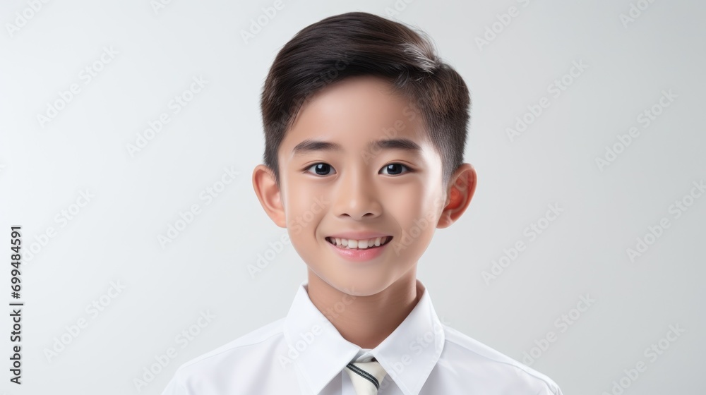 A closeup photo portrait of a handsome young asian school boy student smiling and looking straight. used for a ad. isolated on white background A closeup photo portrait of a handsome young asian school boy student smiling and looking straight. used for a ad. isolated on white background