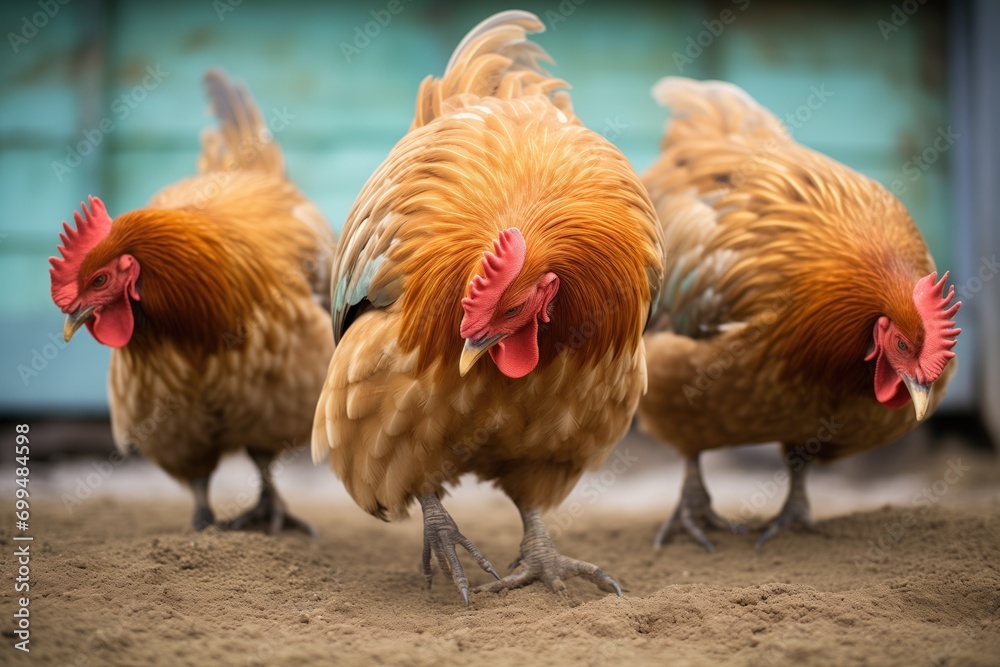 Fototapeta premium brown chickens scratching in dirt