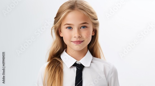 A closeup photo portrait of a beautiful young blonde european american school girl student smiling and looking straight. used for a ad. isolated on white background
