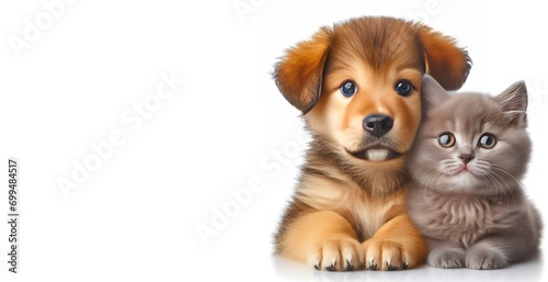 Cute little kitten and puppy on white background ai generative © Nazia