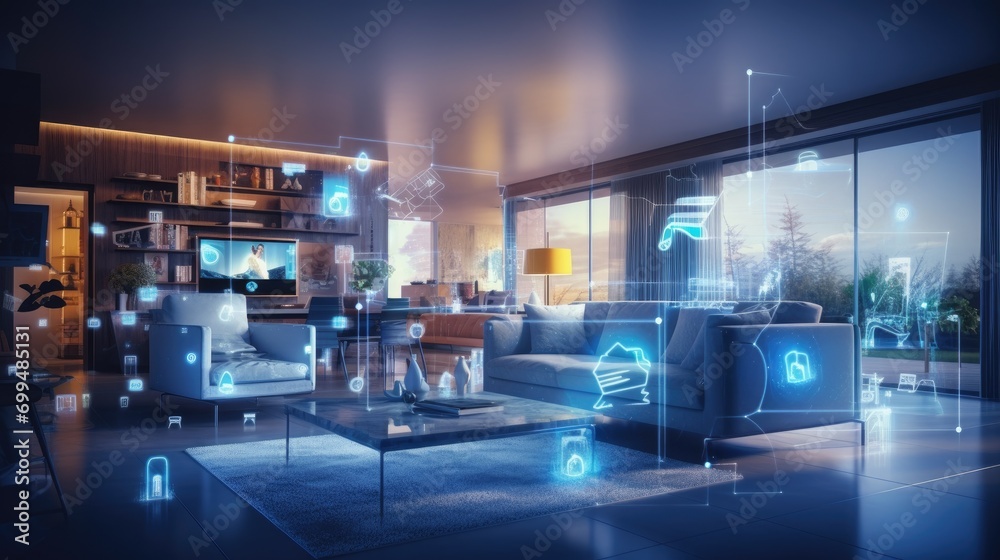 A concept art of a digital holographic artificial intelligence smart technology in a house and a flat. modern living room with blue and white virtual reality interface and icons - obrazy, fototapety, plakaty 