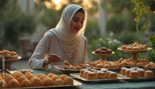 Young muslim woman preparing trays of traditional muslim pastries in the garden. Holy month of Ramadan, iftar meal. photo