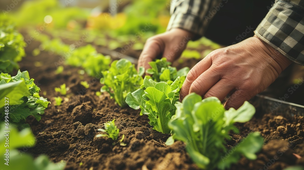Close-up of Male Hands Planting Lettuce in Organic Garden Close-up of Male Hands Planting Lettuce in Organic Garden