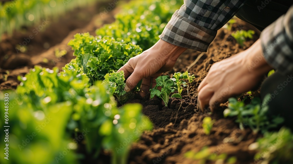 Farmer's Hands Nurturing Young Lettuce Seedlings in Fertile Soil