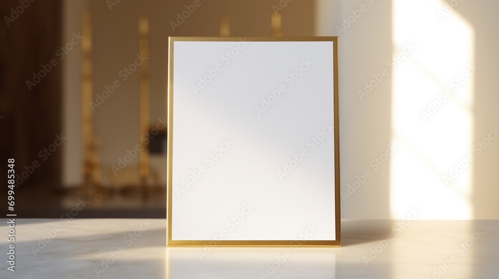 Elegant Blank Card with Golden Frame on Marble Table with Soft Light Background Elegant Blank Card with Golden Frame on Marble Table with Soft Light Background