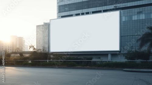 Sunrise Cityscape with Blank Billboard for Advertising on Modern Building Facade