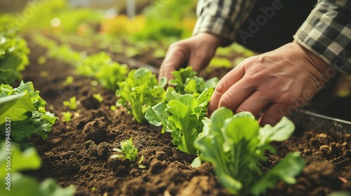 Close-up of Male Hands Planting Lettuce in Organic Garden