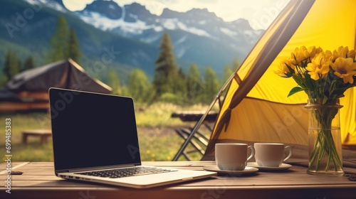 Laptop and Coffee Cups on a Wooden Table at a Campsite with Mountain Views