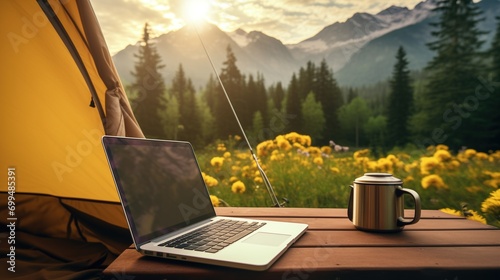 Serene Morning Workstation with Laptop and Coffee in Mountain Camping Site