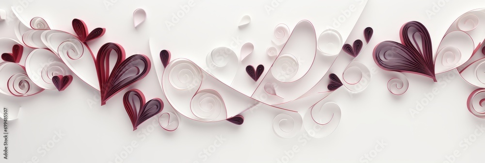 Happy Saint Valentine's day card, hanging pink, white and red hearts on rose background.