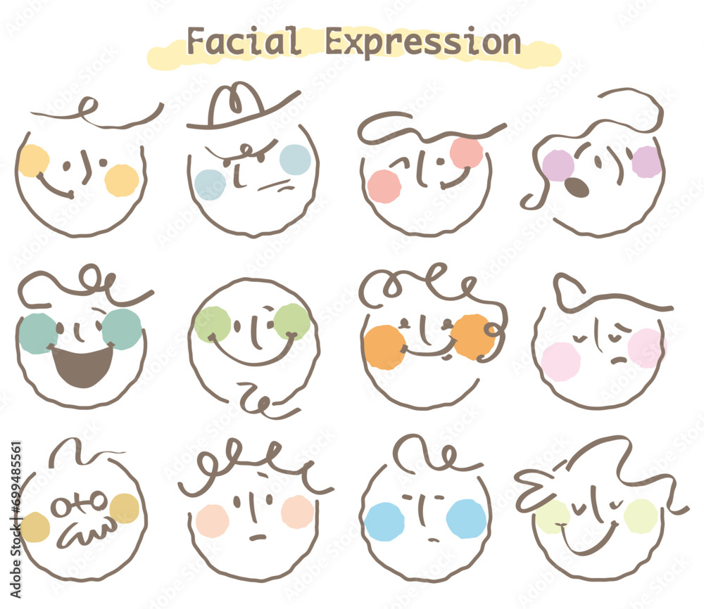 Abstract round face with variety of expression.Collection of facial emoticon with hand drawn style.Modern face emoji.Colorful circle people face.Happy,sad,angry,smile,shock.Line stylish.Cartoon,doodle