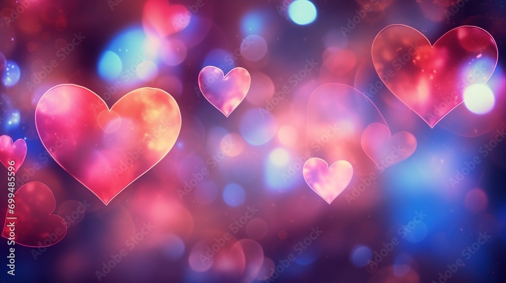 Enchanting Neon Hearts and Bokeh Lights on a Romantic Blurred Background. Enchanting Neon Hearts and Bokeh Lights on a Romantic Blurred Background.
