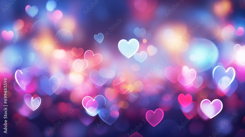 Vibrant Heart-Shaped Bokeh Lights on a Colorful Blurred Background.