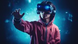 Teenager Immersed in Virtual Reality Gaming Experience with Futuristic VR Headset