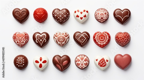 Assorted Valentine's Day Chocolate Hearts with Decorative Designs on White Background.
