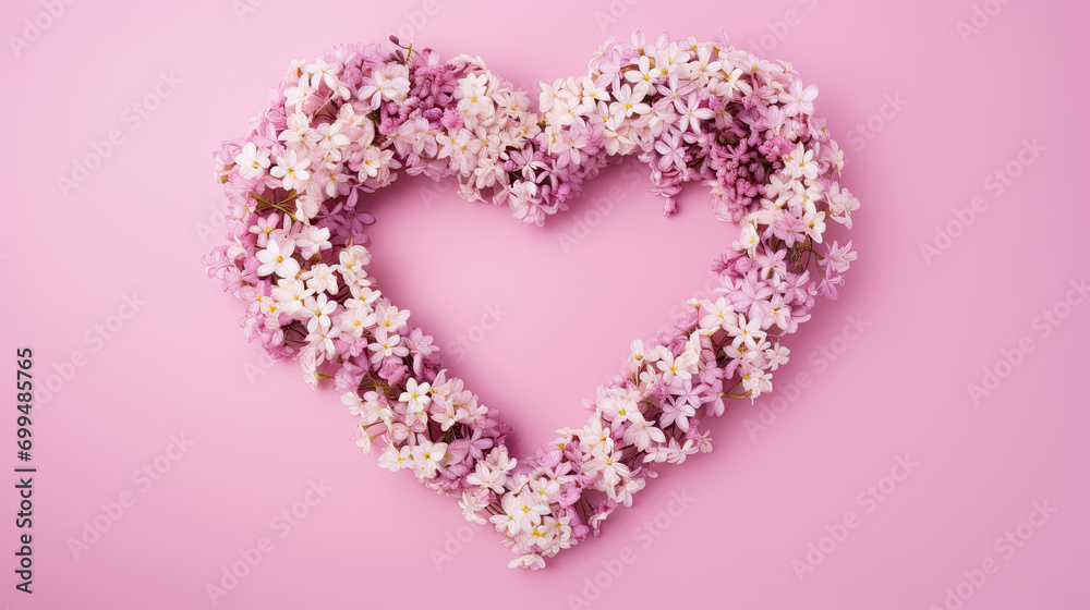 Heart shaped bouquet of flowers on a pastel background 