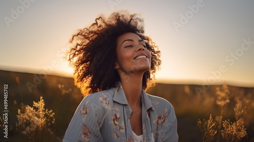 Mixed race woman enjoying nature and meditating in lotus pose at golden hour photo