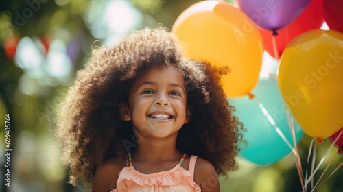A cute little afro american kid girl celebrating birthday at a birthday party with colorful balloons outside
