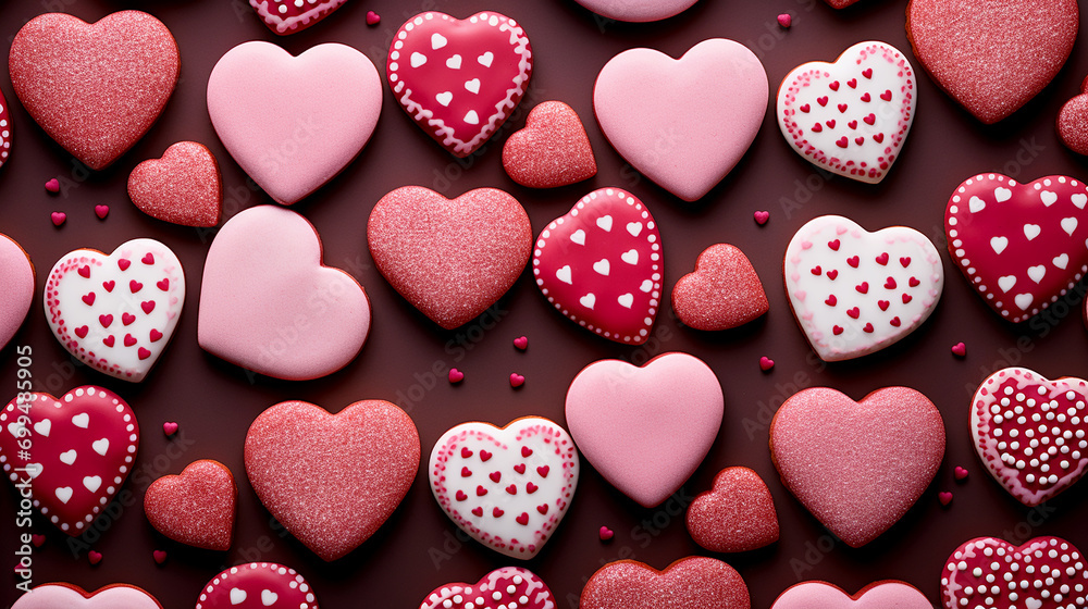 Top angle view of pink, red and chocolate cookies with heart shape pattern. Group of heart shape cookies. For greeting, romantic wallpaper concept. Generative AI - obrazy, fototapety, plakaty 