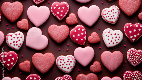 Top angle view of pink, red and chocolate cookies with heart shape pattern. Group of heart shape cookies. For greeting, romantic wallpaper concept. Generative AI