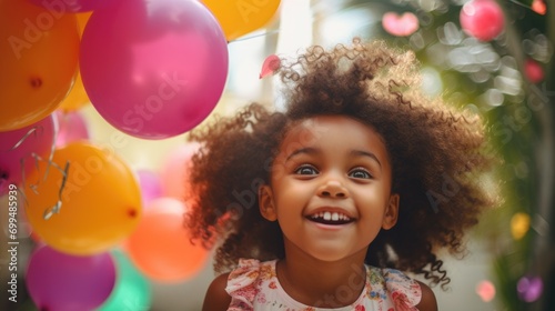 A cute little afro american kid girl celebrating birthday at a birthday party with colorful balloons outside