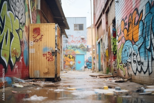 abandoned alley with boarded-up doors and graffiti tags photo