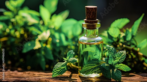 Peppermint essential oil in a glass bottle with fresh mint leaves on a wooden table. Selective focus and natural lighting.