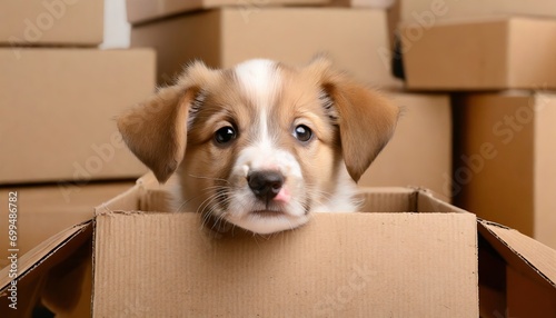 Puppy looking out of the cardboard box with another cardboard boxes on background, moving concept © Marko