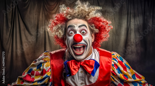 clown with a very expressive, astonished face. The clown's costume is colorful, and the makeup exaggerates the facial expression, featuring wide eyes and an open mouth.