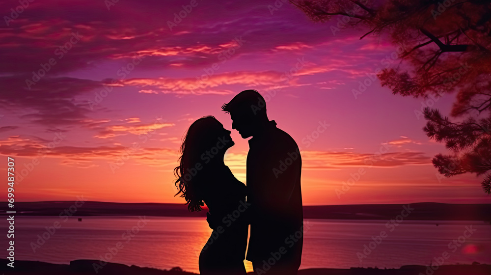 silhouette of a couple kissing at the sunset 