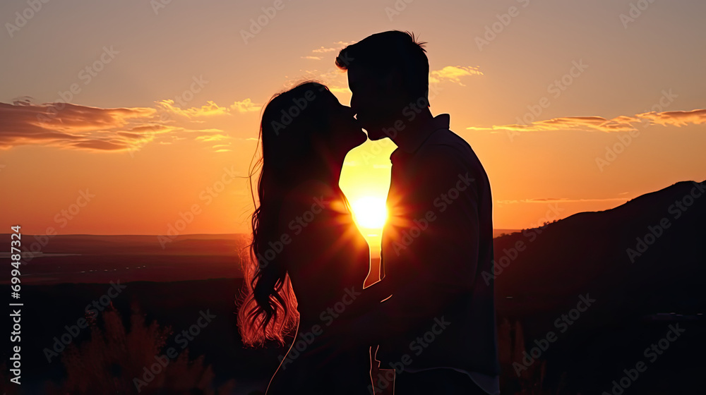 silhouette of a couple kissing at the sunset 