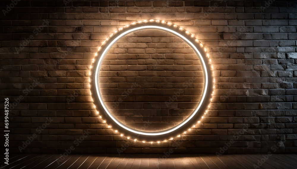 Round neon banner on dark brick wall - isolated on white background Round neon banner on dark brick wall - isolated on white background