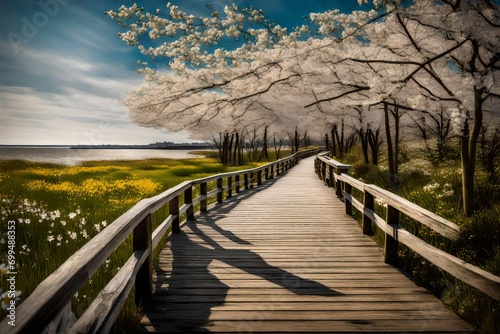 wooden bridge over the river in spring 