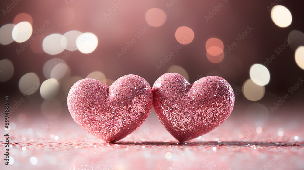 Sparkling hearts shape on the pink glitter with bokeh light background. Generative AI