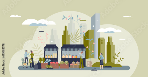 Street markets and local grocery or food outdoor stands tiny person concept. Farmer marketplace ir urban environment for fresh products retail vector illustration. Kiosks with seller and customers.