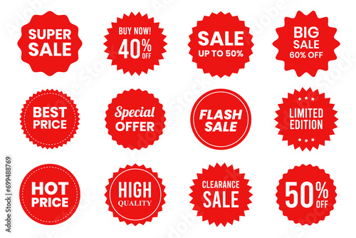 Collection of price tags and sale banner promotions. Trendy red sale tag and sticker design. Vector illustration photo