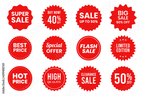 Collection of price tags and sale banner promotions. Trendy red sale tag and sticker design. Vector illustration
