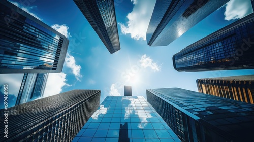 A wallpaper dekstop background photo of a modern office buildings skyscrapers taken from below with blue cloudy sky in the back