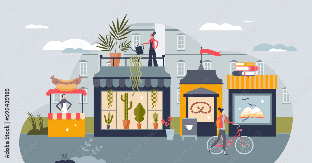 Small business owners and local places for retail shops tiny person concept. Boutique startup entrepreneurship with cafe, fast food kiosk, bakery or florist vector illustration. Professional service. - obrazy, fototapety, plakaty 