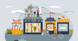 Small business owners and local places for retail shops tiny person concept. Boutique startup entrepreneurship with cafe, fast food kiosk, bakery or florist vector illustration. Professional service.