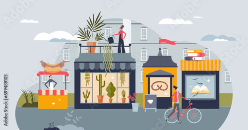 Small business owners and local places for retail shops tiny person concept. Boutique startup entrepreneurship with cafe, fast food kiosk, bakery or florist vector illustration. Professional service. photo